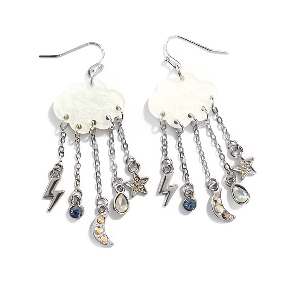 Silver Cloud Moon Star Lightning Bolt Swarovski AB Crystal Chandelier Earrings - Picture 3 of 9